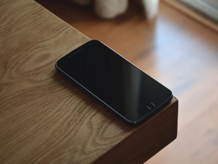 Dark smartphone lying on a wooden table